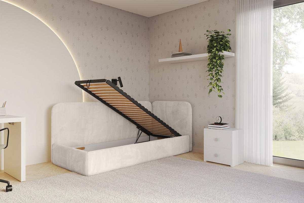 EINZELLBETT Jugendbett mit Bettkasten und Matratze H3/H4, Links - ELSY 100x200 Beige - Ecru, Holzwerkstoff/Textil (100/200cm) - ALTDECOR