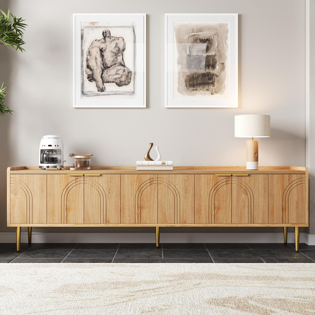 TV-SCHRANK 170cm strukturierte Tür Goldgriffe modern - Naturfarben, Holzwerkstoff (35/47.5/170cm) - FLIEKS