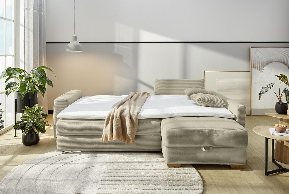 ECKSOFA-DAUERSCHLÄFER Boxspring Federkern Topper Bettkasten, seitenverkehrt montierbar B257/T206/H85 cm, Cord Beige Grau / 15212 - Greige/Eichefarben, Holz/Textil (257/206cm) - luma-home