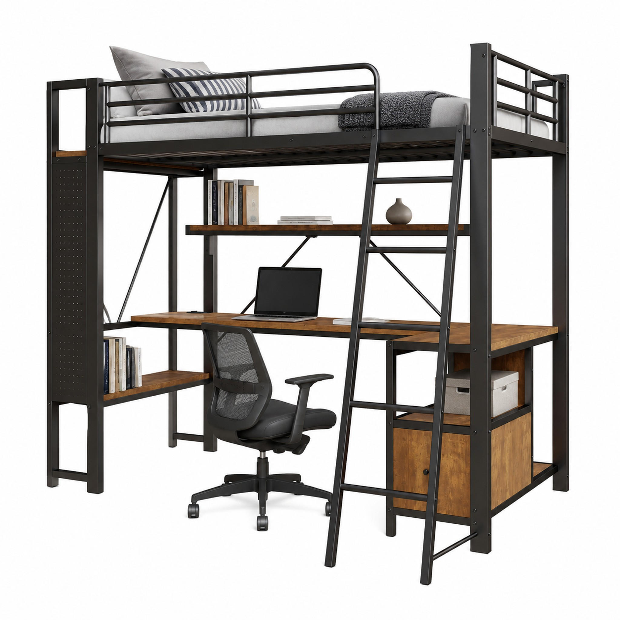 HOCHBETT mit Schreibtisch und Stauraum 90x200 cm Metall Schwarz - Schwarz, Metall (90/200cm) - Meubliv