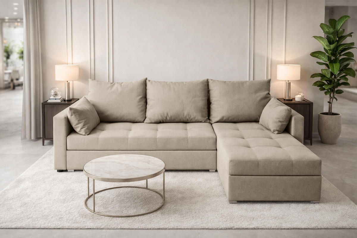 ECKSOFA Universelle L Form Elif Beige 220/140/85 cm stilvolle mit Schlaffunktion - Beige/Silberfarben, Kunststoff/Textil (220/140cm) - AX Living