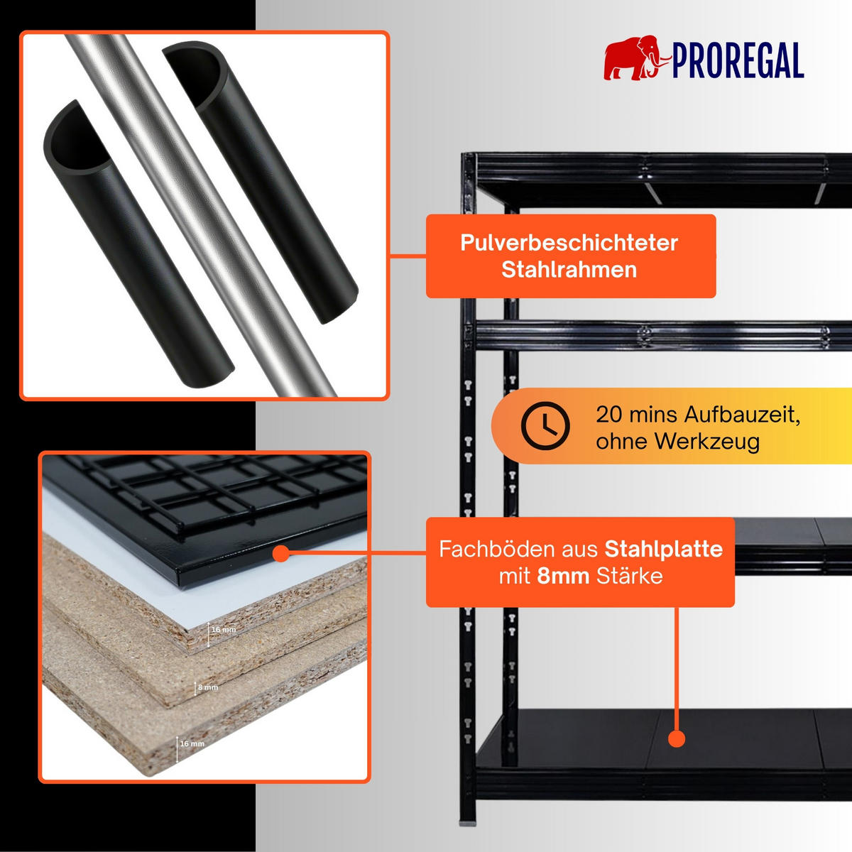 SCHWERLASTREGAL Rhino 180x200x60 cm 4 Stahlplatten-Ebenen Fachlast 500 kg Schwarz - Schwarz, Metall (200/180/60cm) - PROREGAL