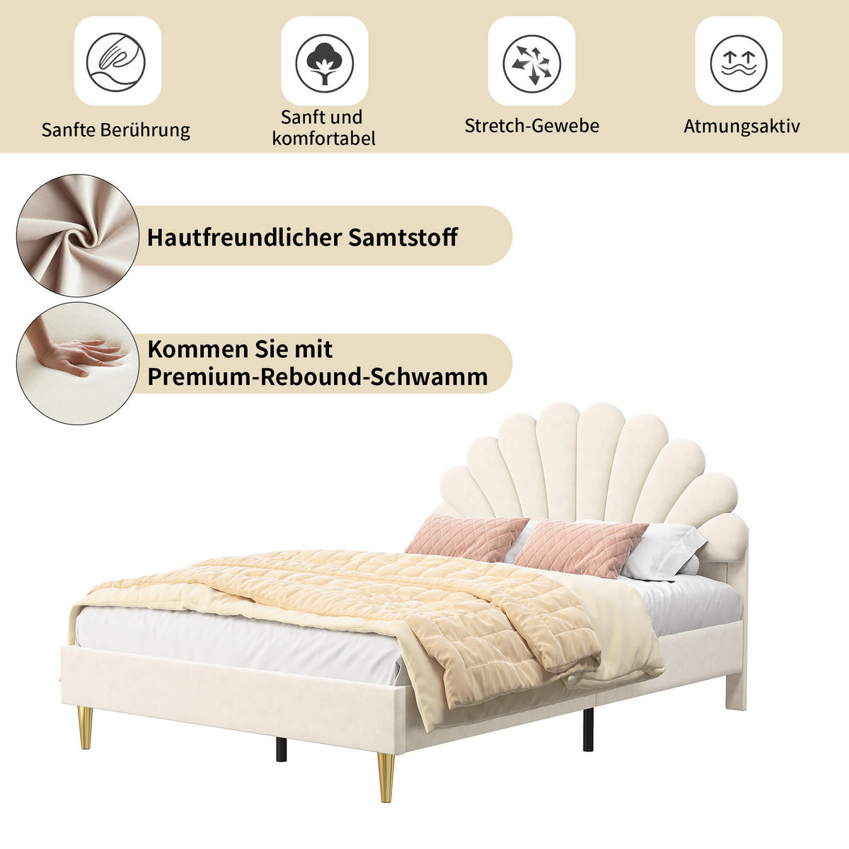POLSTERBETT 140x200 cm, Blumenform-Kopfteil, Samt - Rot, Textil/Metall (140/200cm)