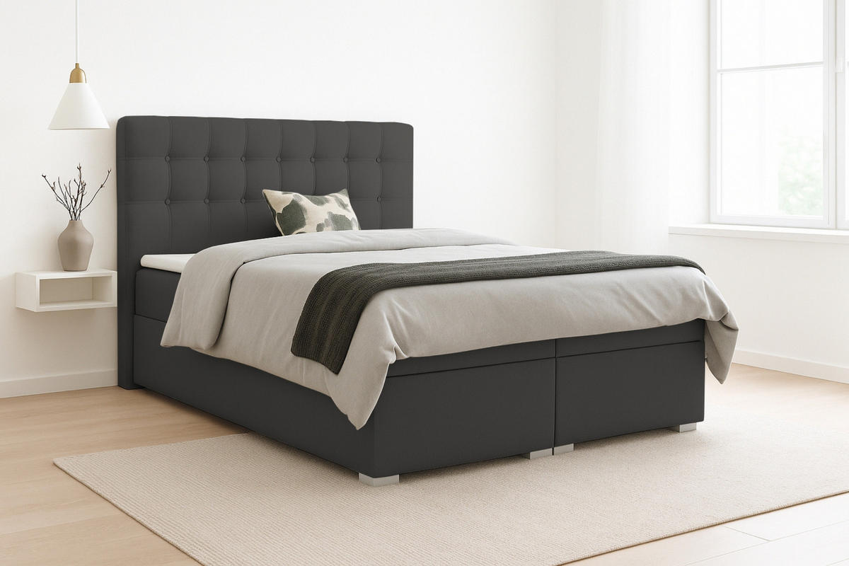 BOXBETT CLAUDIA 140/200 Velour Anthrazit mit Bonell-Federkernmatratzen H3 - Chromfarben/Anthrazit, Holzwerkstoff/Kunststoff (140/200cm) - Deine Möbel 24