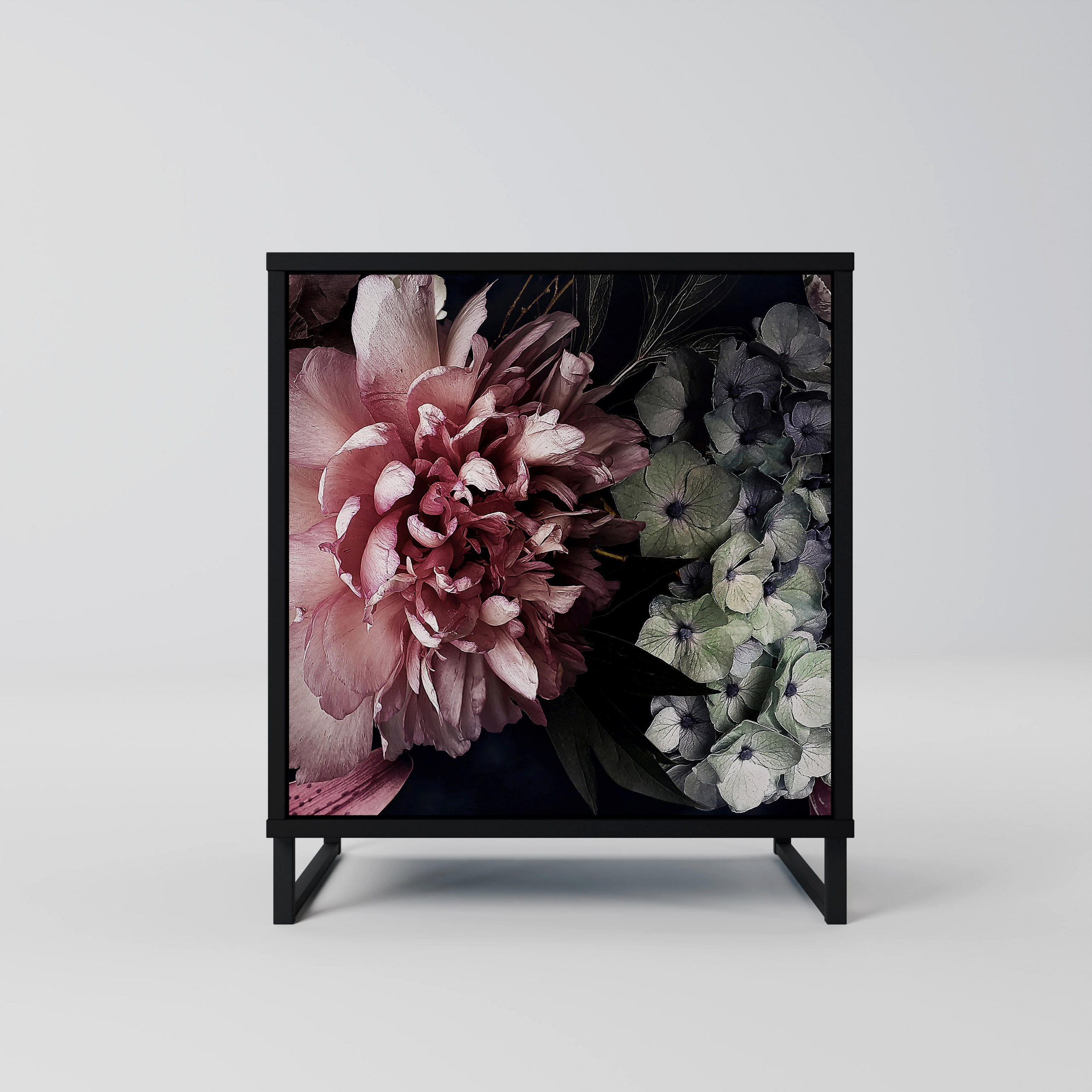 SIDEBOARD PURE BLOSSOM, Schwarz, 57,5x42x67,5 cm, Schwarze Metall-Rahmenfüße - Multicolor/Schwarz, Holzwerkstoff/Metall (57.5/67.5/42cm) - SpaceRebels