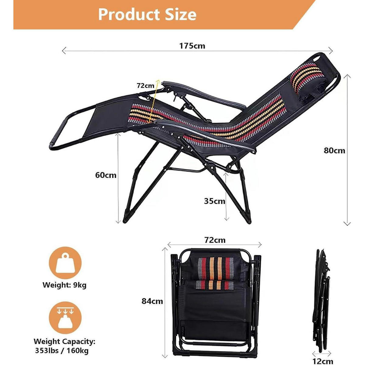 SONNENLIEGE Klappbar Extra Breit 72 cm mit Getränkehalter und Kopfstütze - Multicolor, Textil (175/80/72cm)