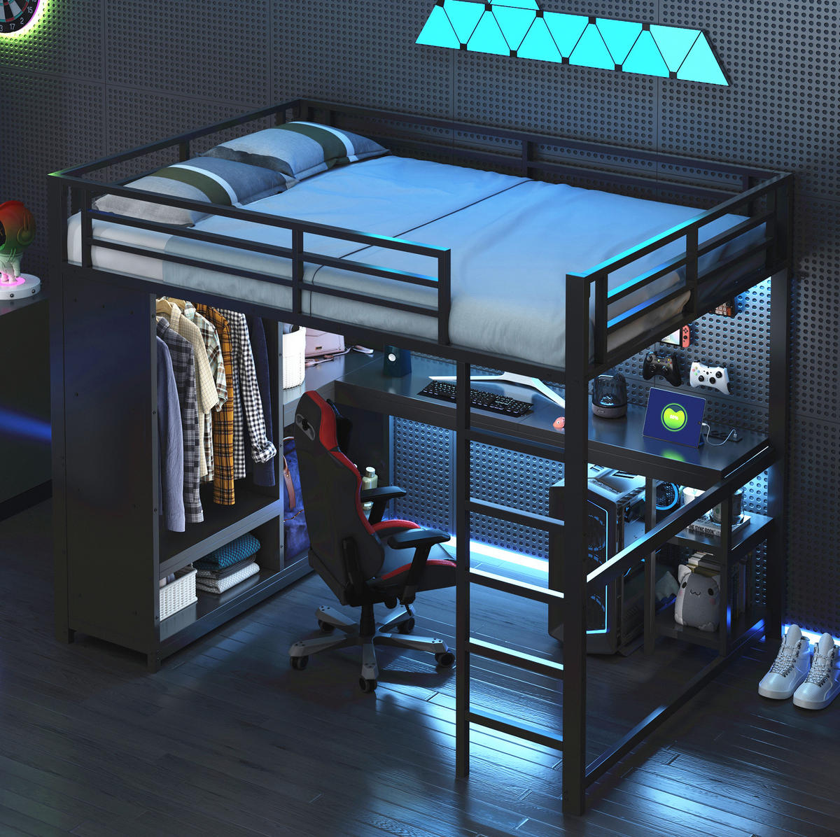 HOCHBETT 140/200 cm aus Metall mit Schreibtisch, LED-Beleuchtung und offenem Kleiderschrank Schwarz - Schwarz, Metall (140/200cm) - Modenvie