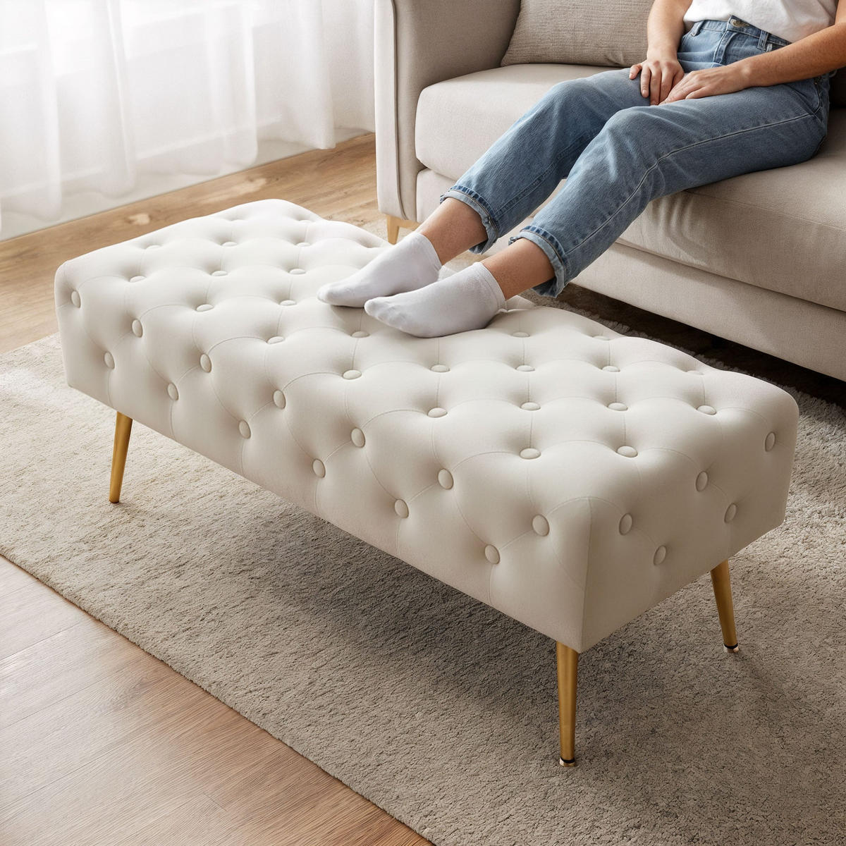 SITZHOCKER MONACO, Beige, T100xB41xH42 - Beige, Holz (41/42/100cm) - Milordbikes