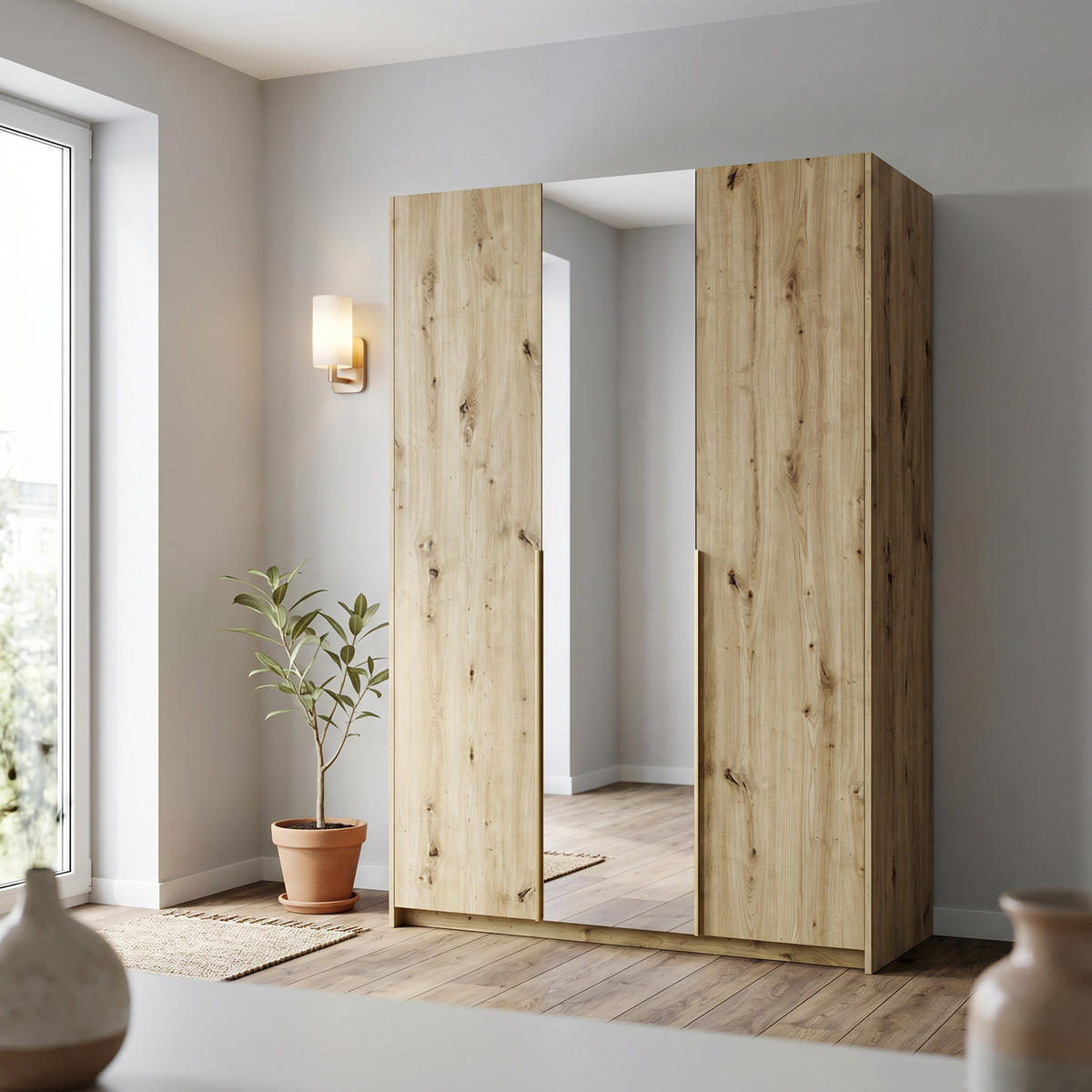 DREHTÜRENSCHRANK THALIA 148/204/58cm 3-türig mit Spiegel Eiche Artisan - Eiche Artisan, Holzwerkstoff (148/204/58cm) - MASSENO