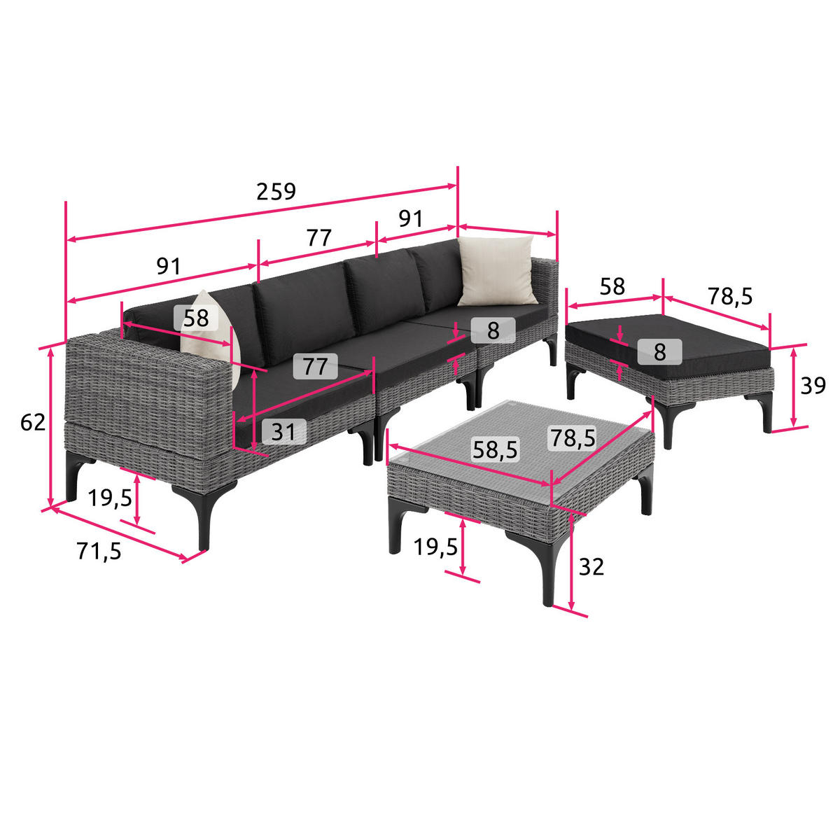 RATTANLOUNGE Konstanza, mit Sicherheitsglasplatte, grau - Grau, Kunststoff/Metall - tectake