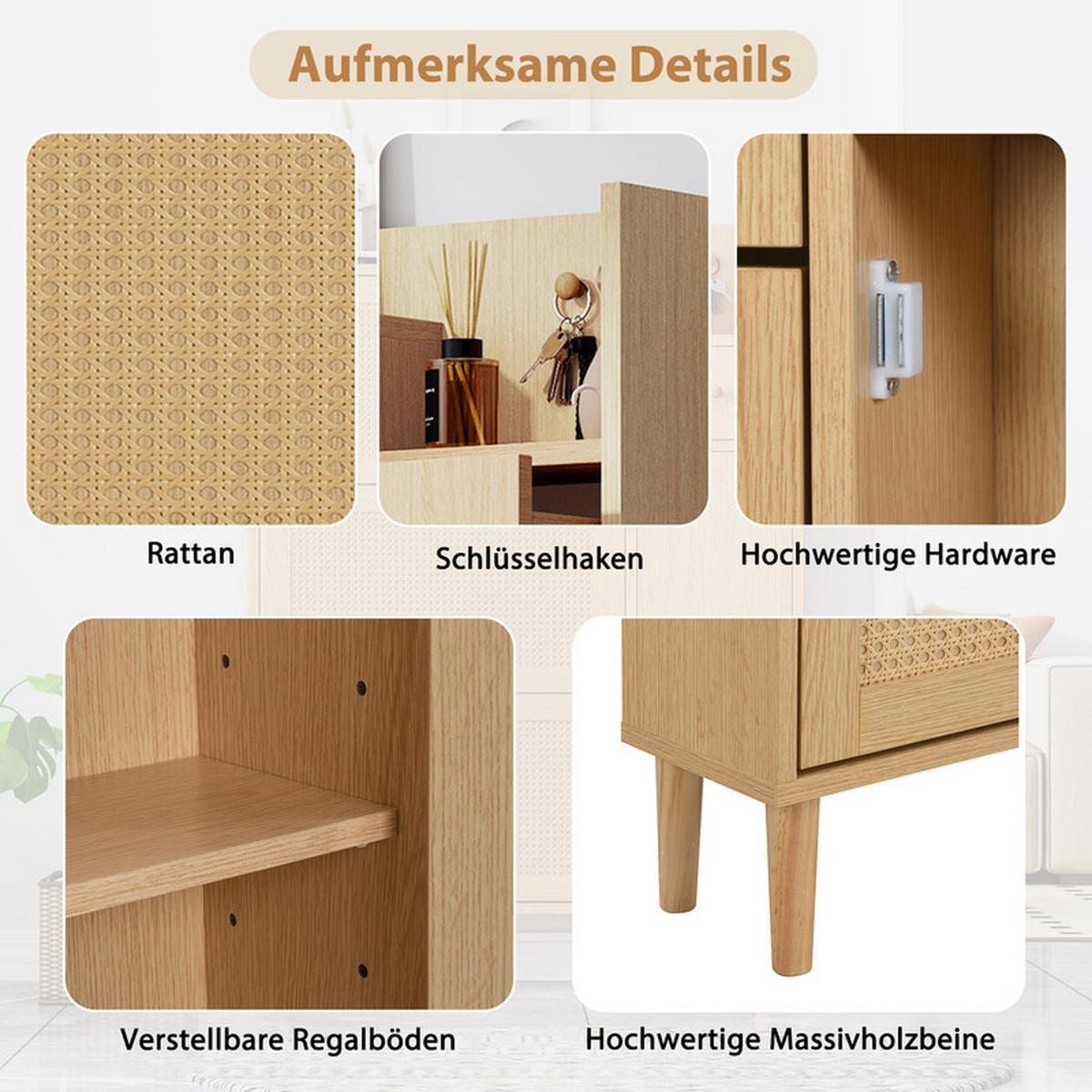 SCHUHSCHRANK Rattan mit 3 Klapptüren und 1 Schublade Massivholzbeine 90x125x17 cm - Braun, Holz (17/125/90cm) - Moorle