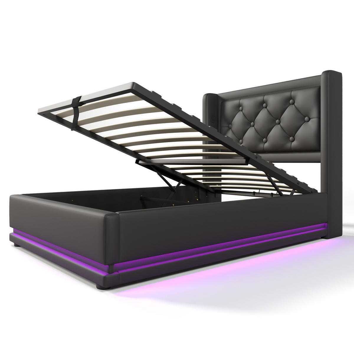 POLSTERBETT 90/200 cm Schwarz PU mit USB- und Type-C-Anschlüssen und 3-seitiger LED-Beleuchtung - Schwarz, Kunststoff (90/200cm) - OKWISH