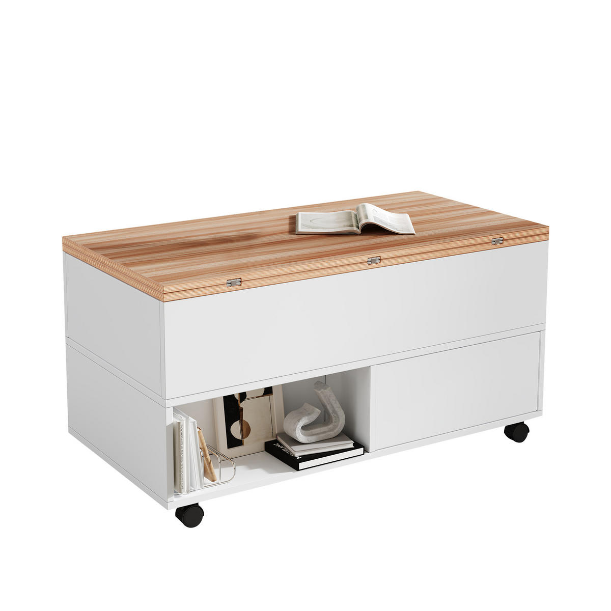 COUCHTISCH Weiß/Eiche 100/50/52 cm mit Hubfunktion, Rollen und Stauraum - Weiß, Holzwerkstoff (50/100/52cm) - PANGIVO