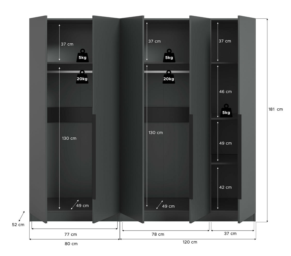 KLEIDERSCHRANK grau 5-türig 2000 x 181 cm, Drehtürenschrank mit Kleiderstange - Schwarz/Grau, Holzwerkstoff/Kunststoff (200/181/52cm) - Inn.Furn