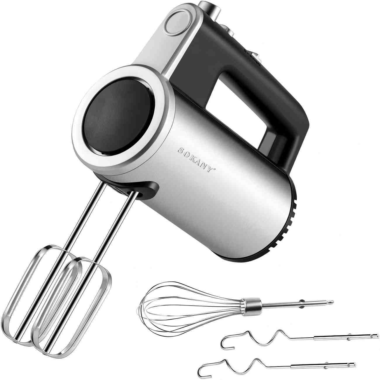 MIXER SOK-019 Silber Edelstahl, Handmixer 800W, 5 Geschwindigkeiten, Turbo - Silbereichenfarben, Metall (8/19/16cm) - SOKANY