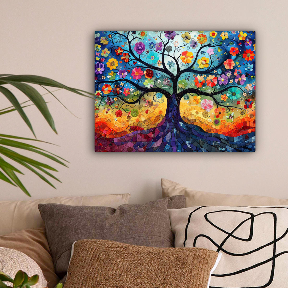 LEINWANDBILD Kunst - Baum des Lebens - Blumen - Hippie 40x30 cm - Dunkelblau, Textil (40/30cm) - MuchoWow