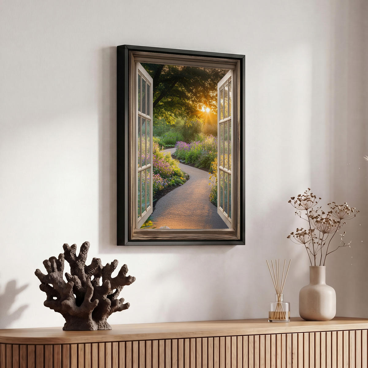 LEINWAND Bilder mit Rahmen - Aussicht - Blumen - Natur - Sonne - Weg - 20x30 - Hellgelb, Textil (20/30cm) - MuchoWow