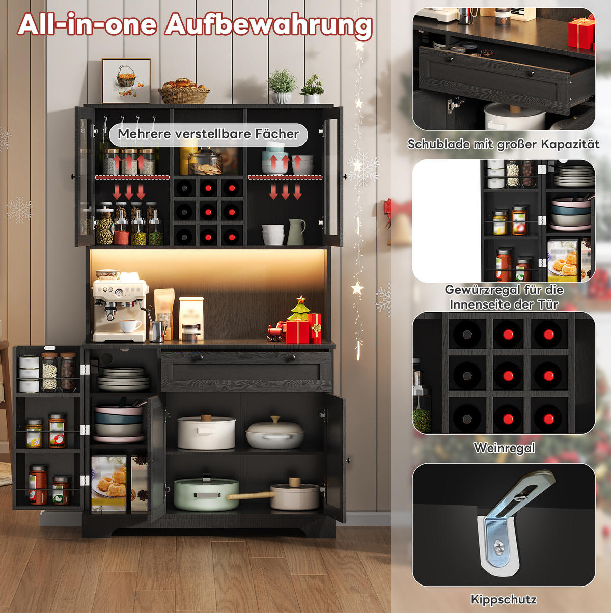 BUFFETSCHRANK 105/40/180 cm aus MDF mit LED-Beleuchtung, Steckdose, Weinregal und verstellbaren Böden, Schwarz - Schwarz, Holzwerkstoff (105/180/40cm) - Redom
