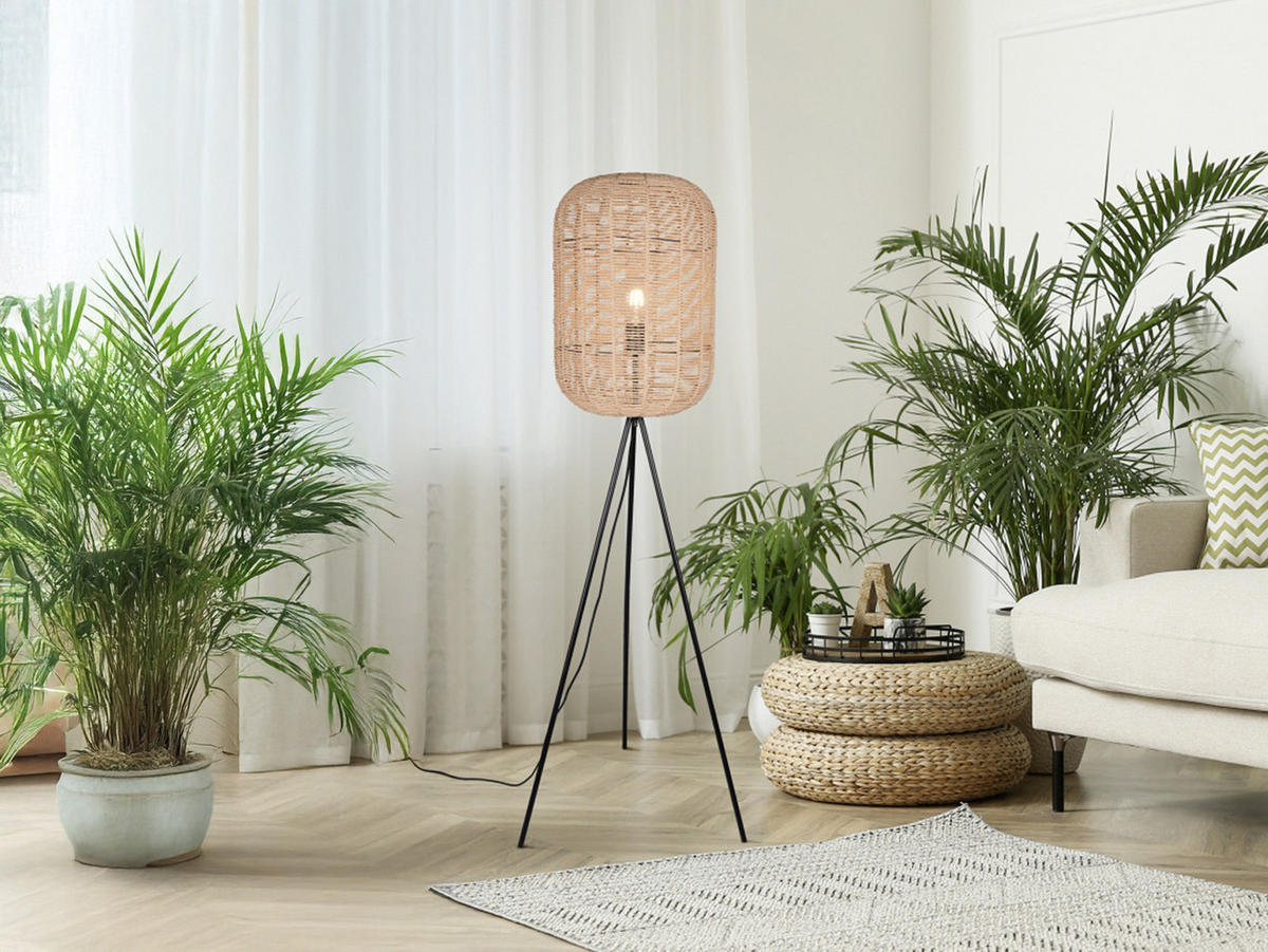 LED-STEHLEUCHTE Tripod Höhe 150cm, Lampenschirm Korbgeflecht - Schwarz/Naturfarben, Naturmaterialien/Metall (35/35/150cm) - meineWunschleuchte
