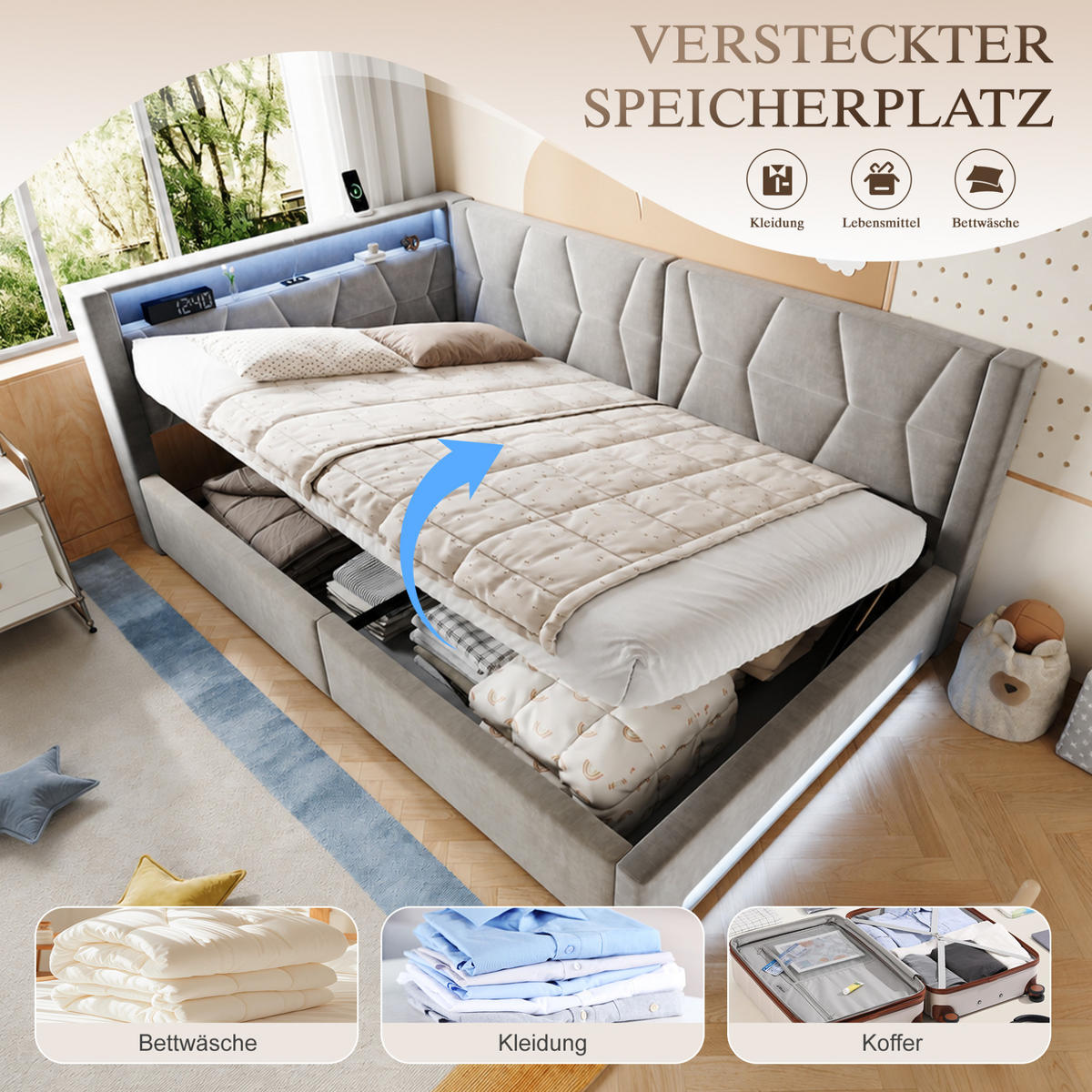 POLSTERBETT 140x200 cm in Dunkelgrau mit Bettkasten, LED-Beleuchtung und USB/Type-C - Dunkelgrau, Metall (140/200cm) - IVMEU