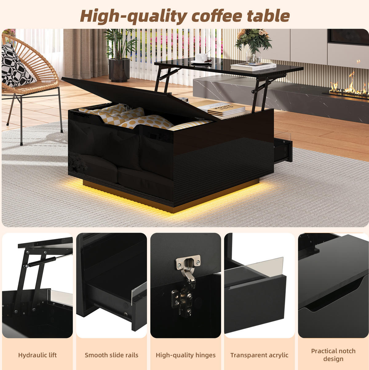 COUCHTISCH 70/70/38 cm schwarz aus Spanplatte mit LED-Lichtstreifen und Stauraum - Schwarz, Holzwerkstoff (70/70/38cm) - OKMYHOME