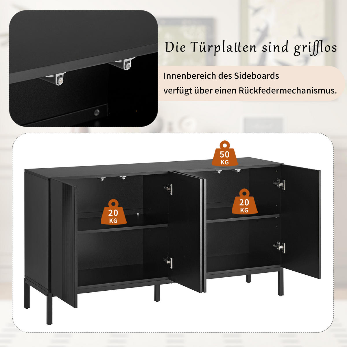 SIDEBOARD 145 cm Schwarz mit 4 Türen & verstellbaren Einlegeböden im modernen Stil - Schwarz, Holzwerkstoff (145/80/41.5cm) - Urban Meuble