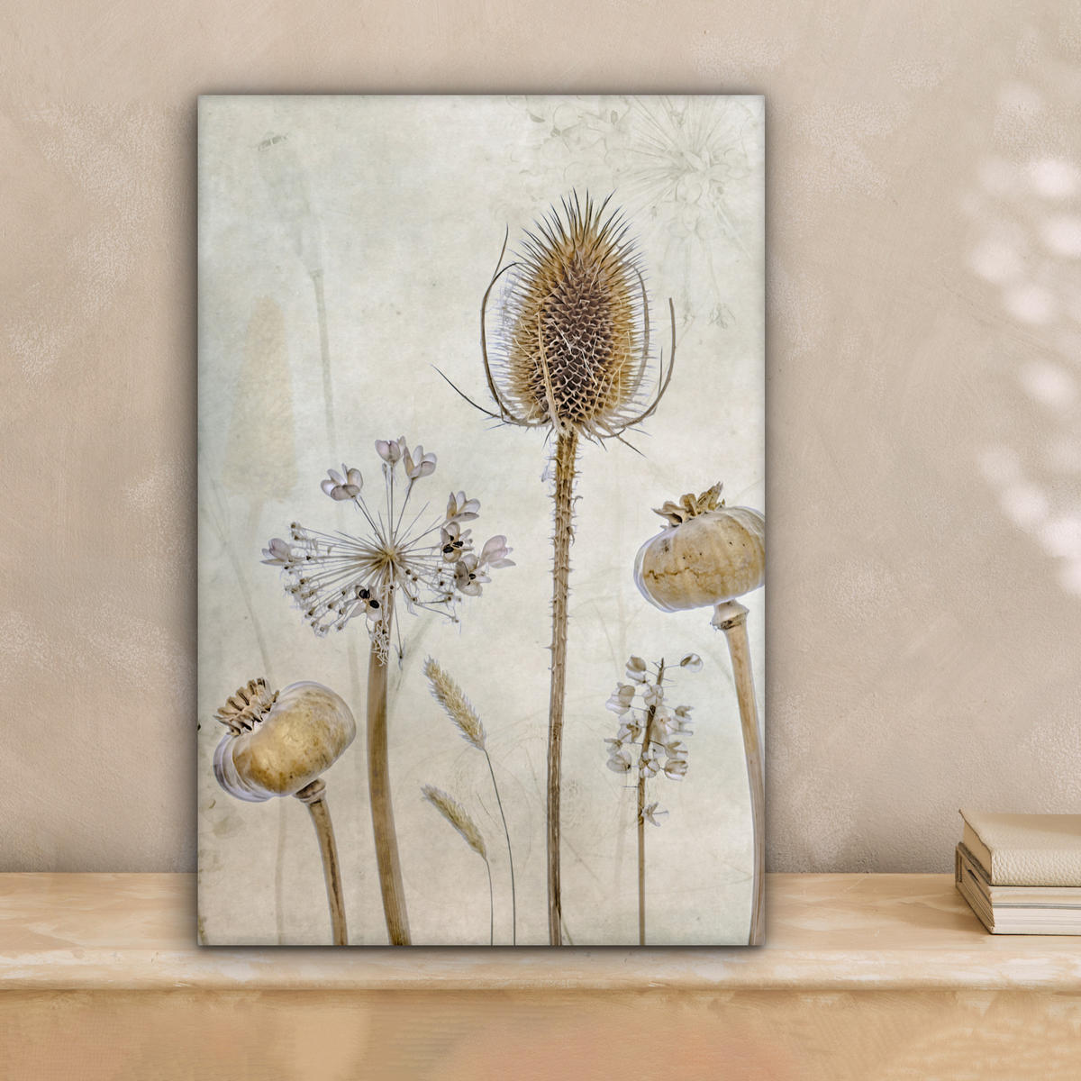 LEINWANDBILD Blumen - Aquarell - Stilleben - Braun - Vintage Deko Wohnzimmer 20x30 cm - Beige, Textil (20/30cm) - MuchoWow