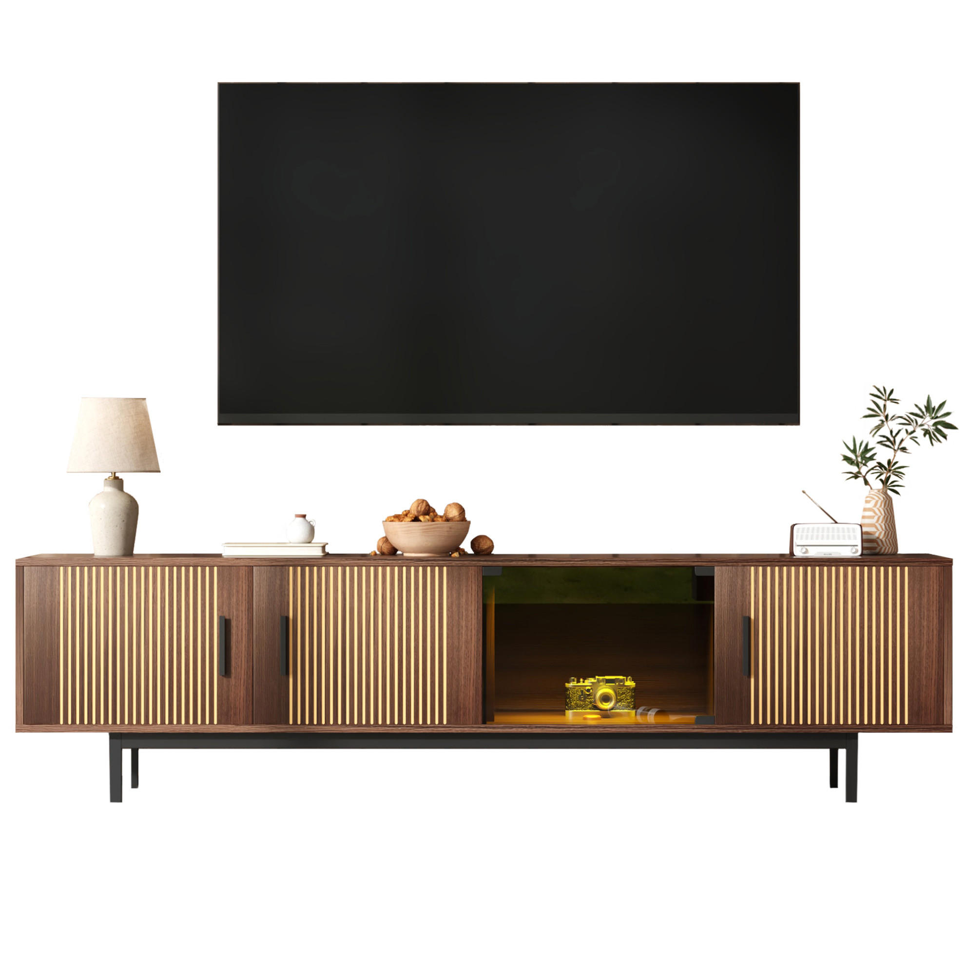 OKWISH TV stolek 200/35/53 cm černá/ořechová z MDF a dřevotřískové desky s LED osvětlením