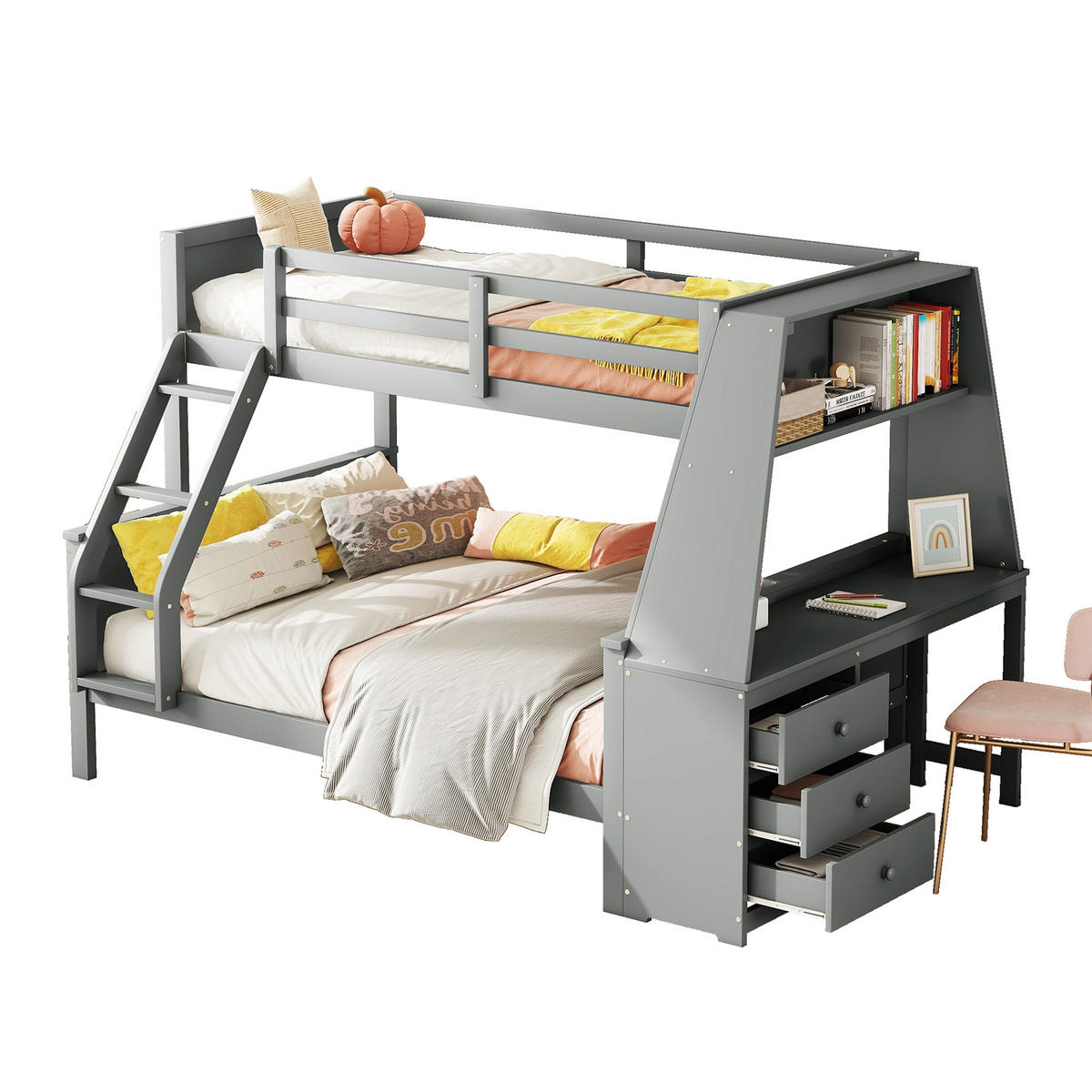 ETAGENBETT mit Schreibtisch Bücherregal Schubladen und Geländer 90/200 cm + 140/200 cm Grau - Grau, Holz (140/200cm) - OKWISH