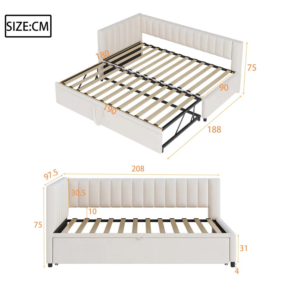 KREVET 90/180x200 cm s izvlačnim ležajem, baršunasta presvlaka i ušteda prostora, Bež - bež, tekstil (97.5/75/208cm) - Redom