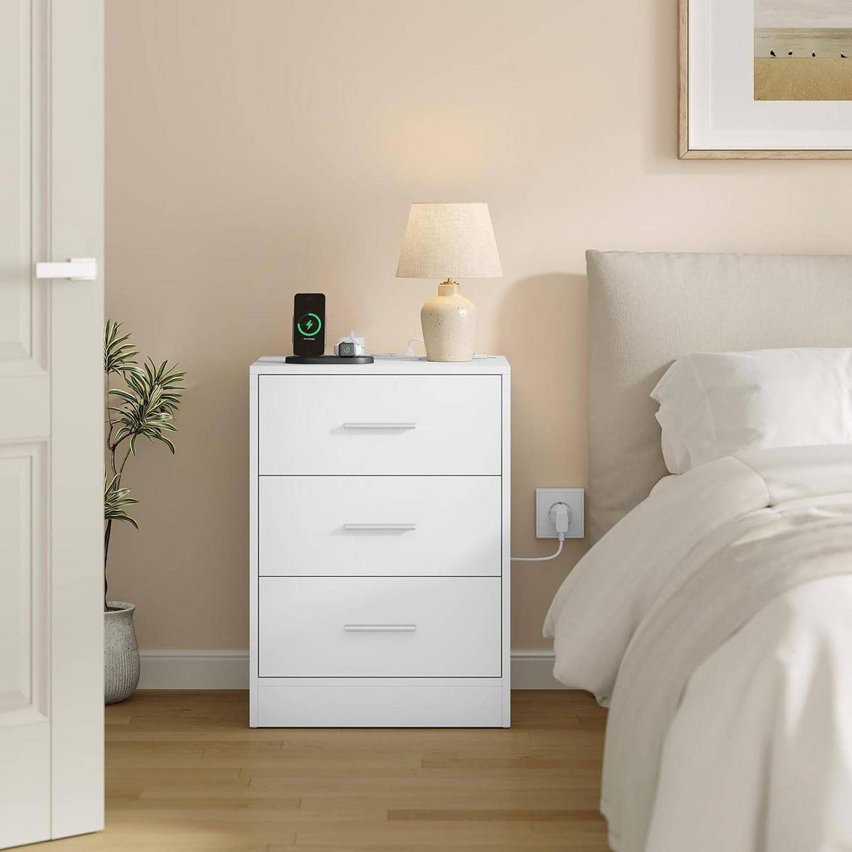 NACHTTISCH, Beistelltisch mit Ladefunktion, Weiß - Weiß, Holzwerkstoff (39/54/28cm) - Woltu