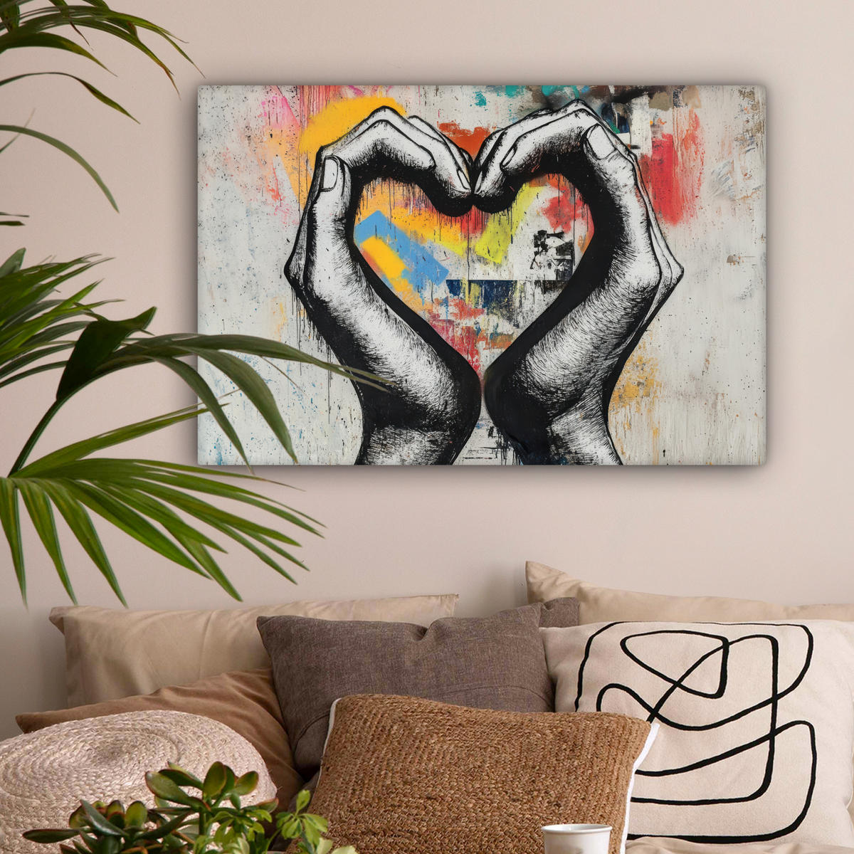 OBRAZ NA PLÁTNE Ruky - Srdce - Street art - Graffiti 90x60 cm - viacfarebná, textil (90/60cm) - MuchoWow