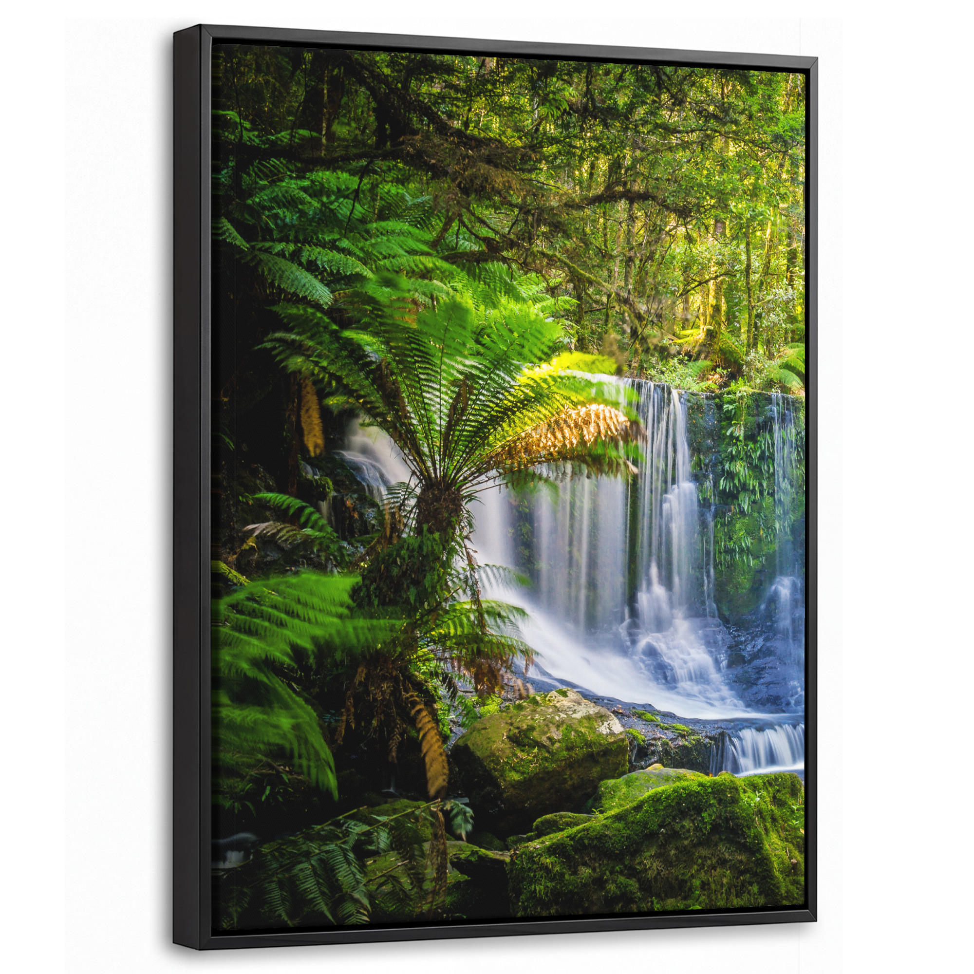 LEINWAND Bilder mit Rahmen - Dschungel - Wasserfall - Australien - Pflanzen - Natur - 30x40 - Dunkelgrün, Textil (30/40cm) - MuchoWow