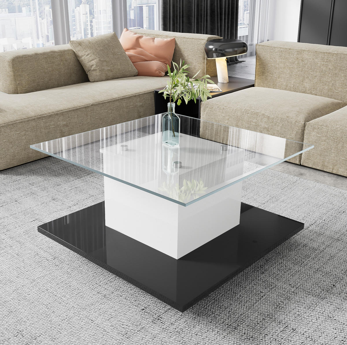 COUCHTISCH aus gehärtetem Glas, Hochglanz-Body mit LED-Lichtband und Lenkrollen, 80/80/40 cm, Weiß und Schwarz - Weiß, Holzwerkstoff (80/80/40cm) - Redom