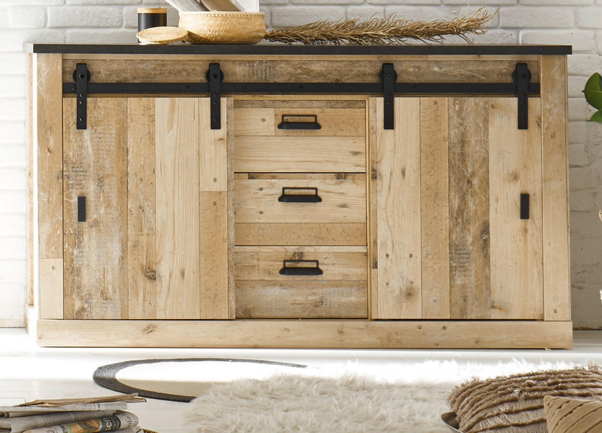 SIDEBOARD Used Wood hell, dunkles Grau 12 x 91 cm, Anrichte mit Soft-Close fürs Schlafzimmer - Dunkelgrau/Schwarz, Holzwerkstoff/Kunststoff (162/91/43cm) - Furn.Design