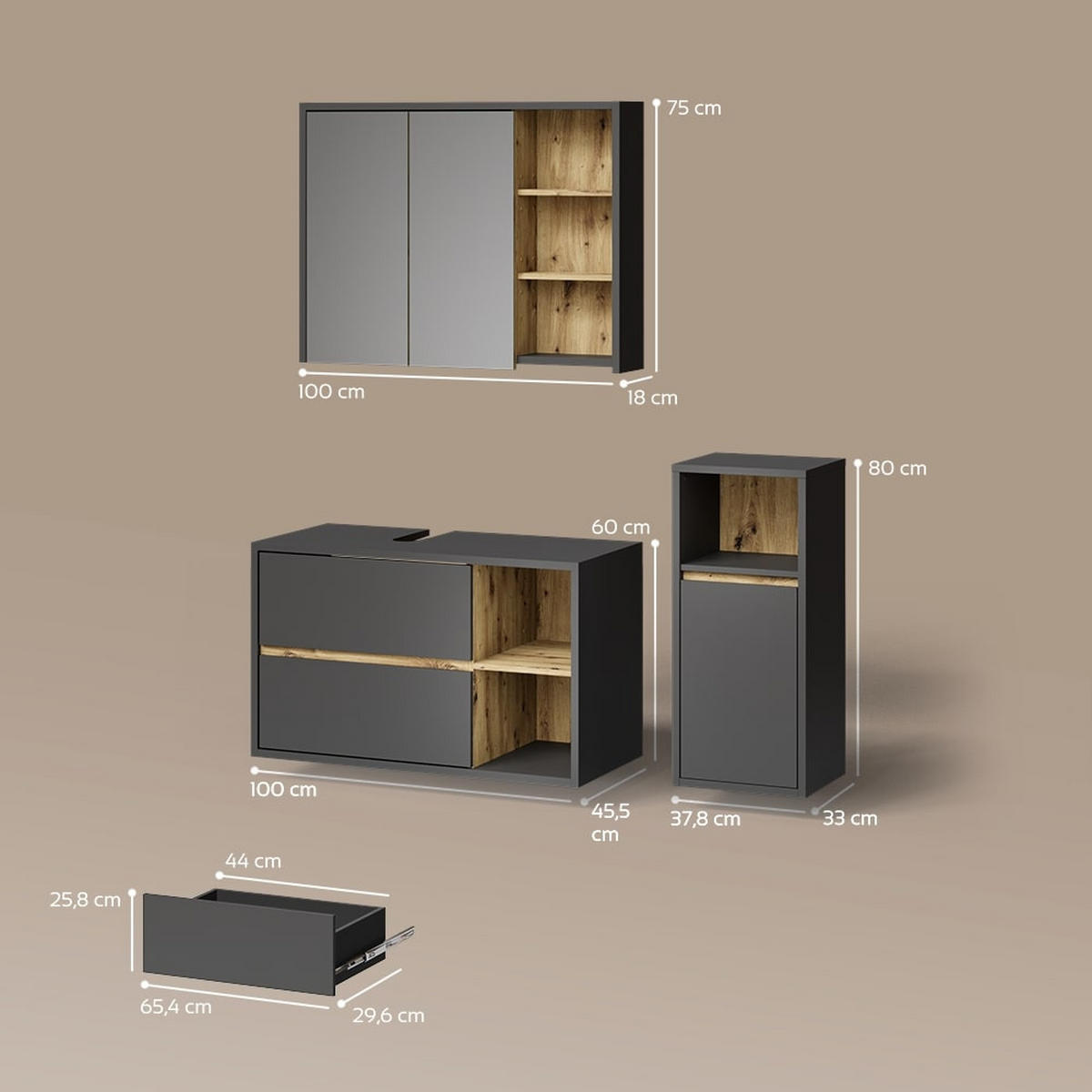BADMÖBEL-SET Vomano Anthrazit 3 Teile, mit Midischrank - Eichefarben/Anthrazit, Holzwerkstoff (100/75/45cm) - Livinity®