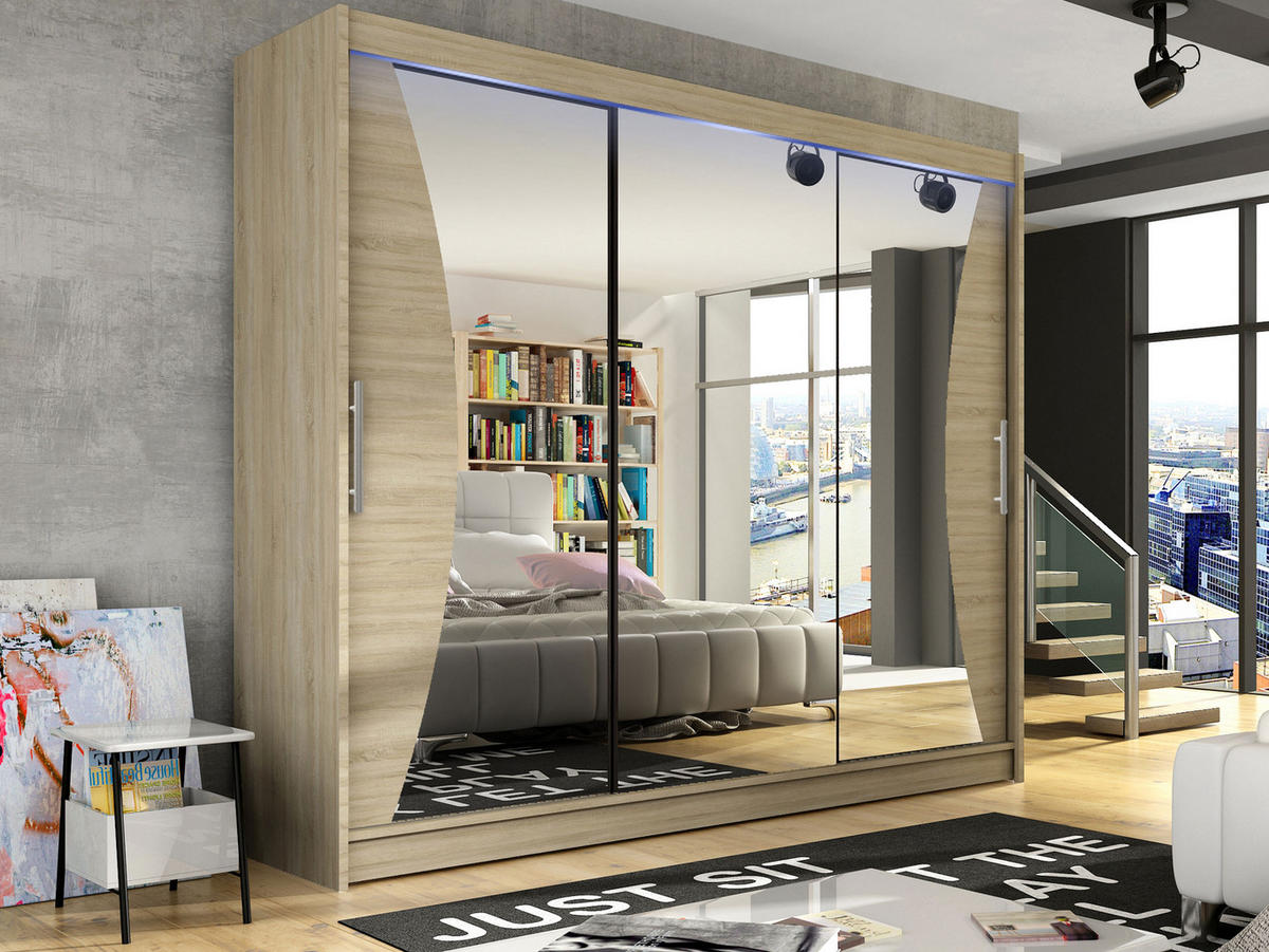 KLEIDERSCHRANK Aston IV, mit RGB LED Beleuchtung - Silberfarben/Sonoma Eiche, Holzwerkstoff/Kunststoff (250/215/58cm) - MIRJAN24
