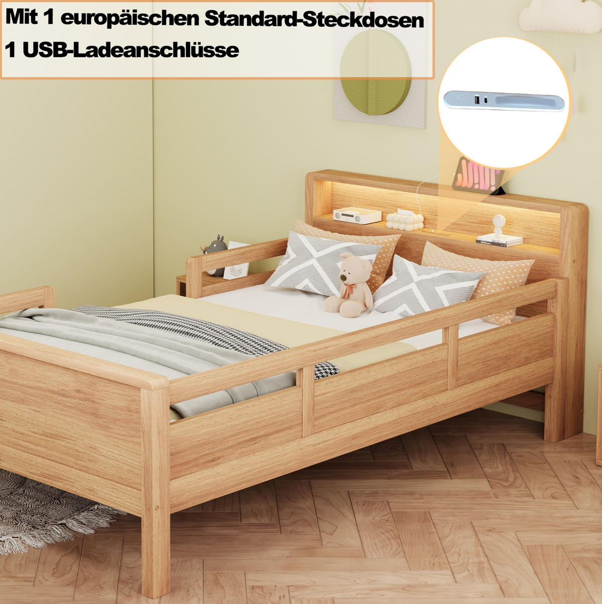 KINDERBETT 90/200 cm mit LED-Leuchte, USB- und Type-C-Anschluss, Kopfteil mit Ablage und Seitengittern, farbe - Naturfarben, Holzwerkstoff (90/200cm) - Redom