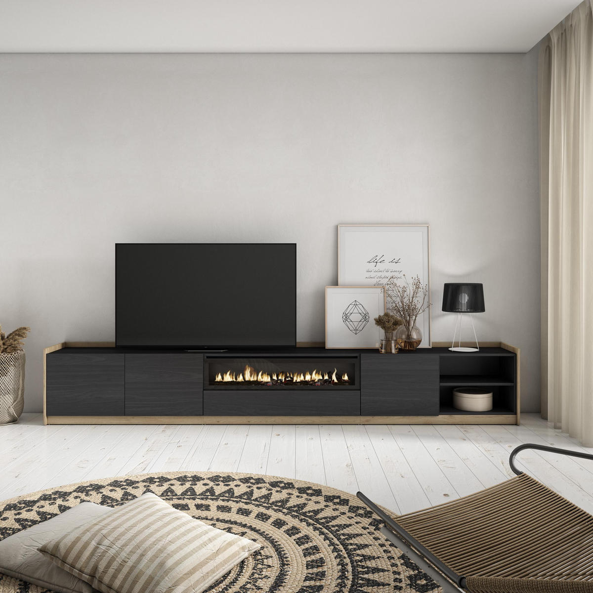 TV-SCHRANK, Lowboard, Schwarz Eiche, Elektrokamin, 310/37/50cm - Schwarz, Holzwerkstoff (310/50/37cm) - Skraut Home