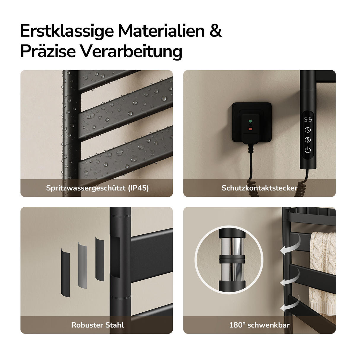 HEIZKÖRPER Handtuchheizkörper Intelligentes Heizsystem mit Ablage Schwarz 76/45 cm - Schwarz, Metall (45/76/14cm) - EMKE