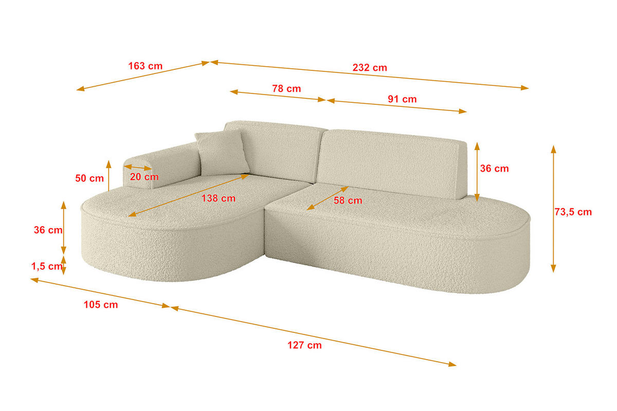 ECKSOFA Ottomane Links MARI-L1 - 232x163x73,5 cm Beige Bouclé - Beige/Schwarz, Holzwerkstoff/Kunststoff (163/234cm) - ALTDECOR