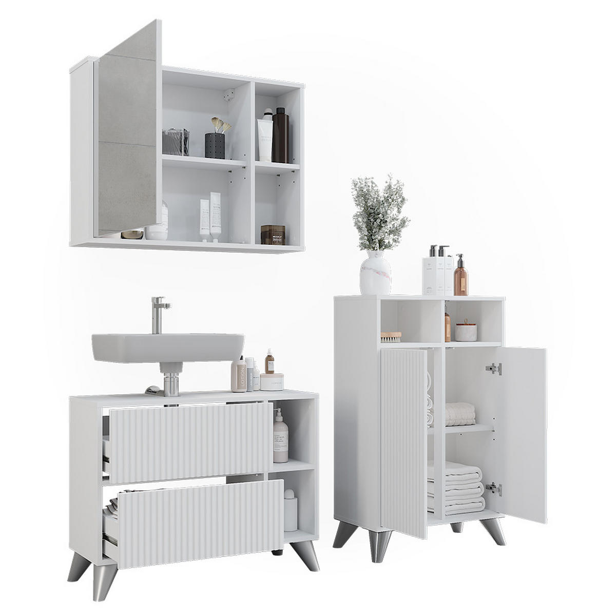 BADMÖBEL-SET Leano Weiß 80 cm, Set 2 - Weiß, Holzwerkstoff (80/62/30cm) - Vicco