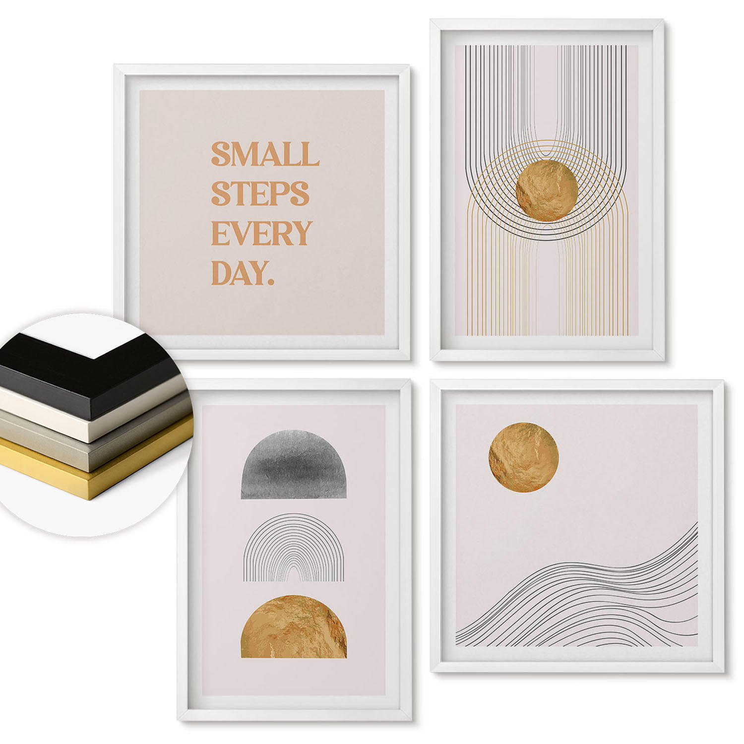 WANDBILDER 4er-Set - 50x50 cm & 40x60 cm Weißer Rahmen - Abstrakte geometrische Formen - Weiß, Kunststoff (50/50cm) - ArtPrintCave