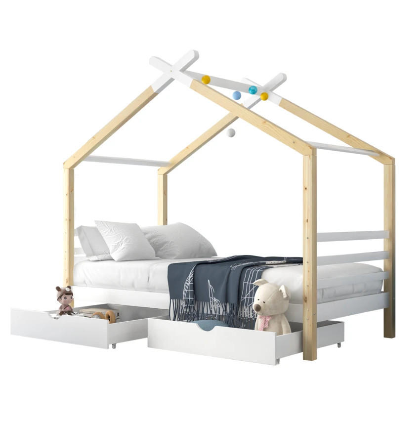 HAUSBETT 90/200 cm in Weiß mit Schubladen aus Kiefer-Massivholz - Weiß, Holz (90/200cm) - Flora Grace
