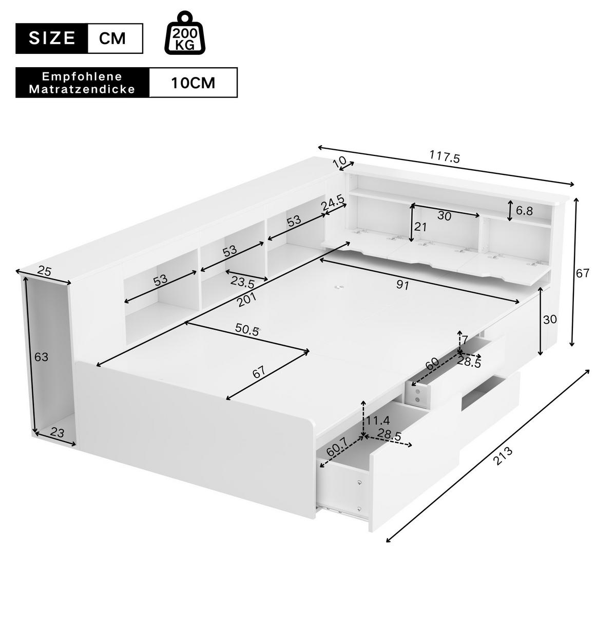 KINDERBETT 90/200 cm aus MDF mit 4 Schubladen, Bücherregal und Stauraum Weiß - Weiß, Holzwerkstoff (90/200cm) - Modenvie
