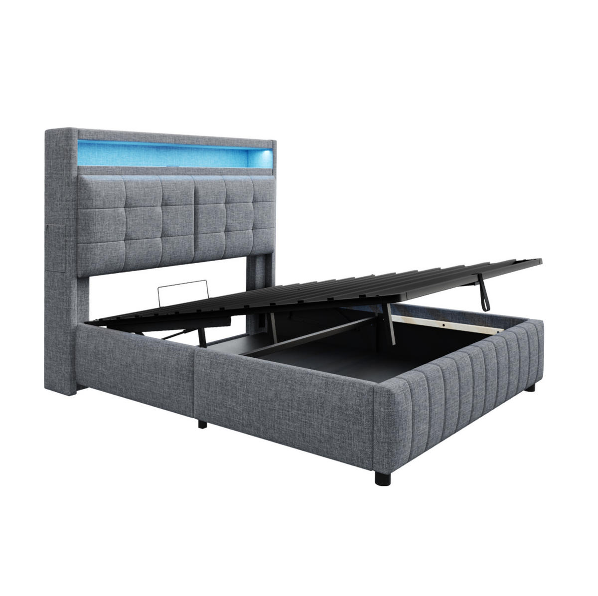 POLSTERBETT 160/200 cm grau aus Leinenstoff mit LED und Stauraum - Grau, Textil (160/200cm) - OKMYHOME