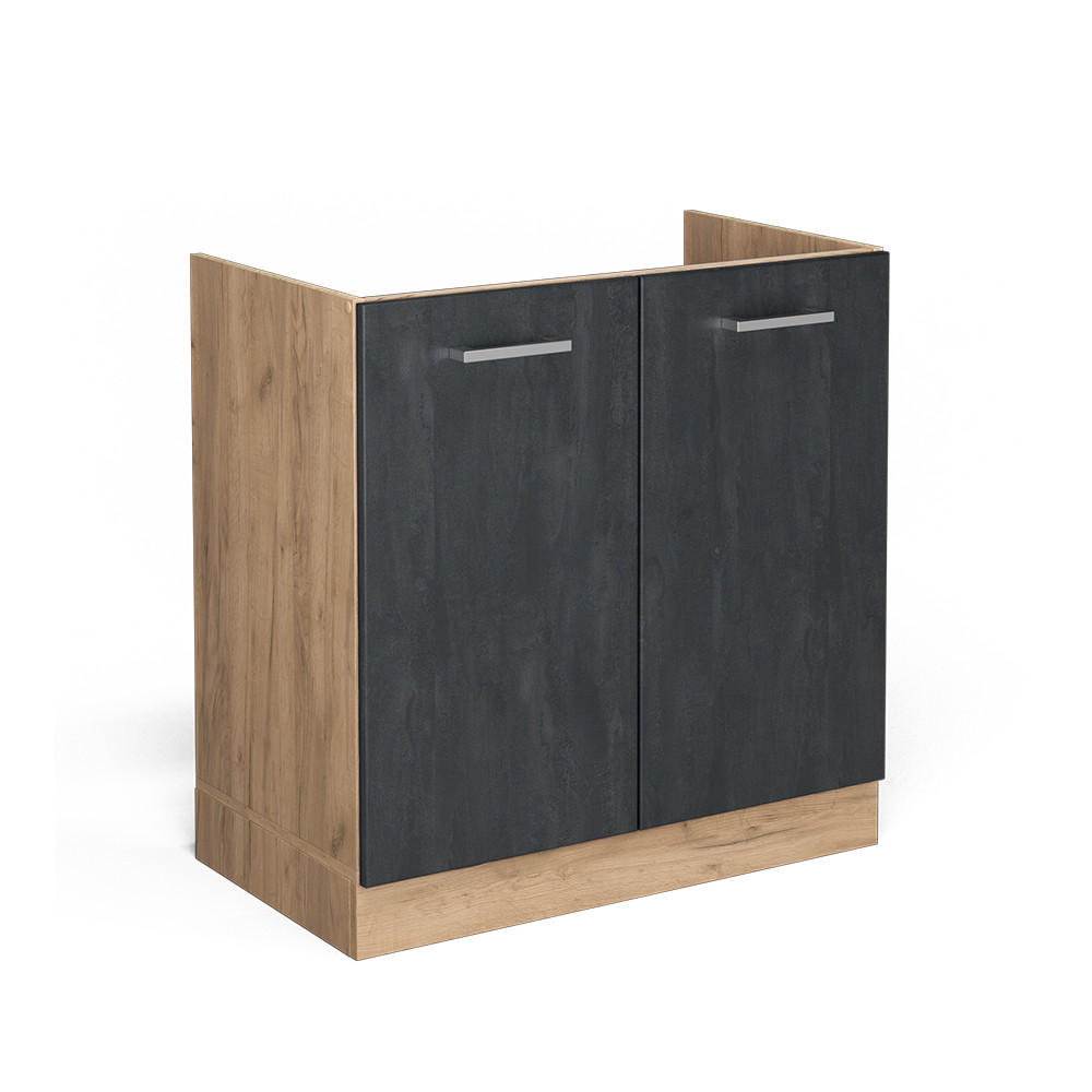 SPÜLENUNTERSCHRANK R-Line Schwarz Beton 80 cm ohne AP - Honigeiche/Eiche Wotan, Holzwerkstoff (80/81.6/46cm) - Vicco