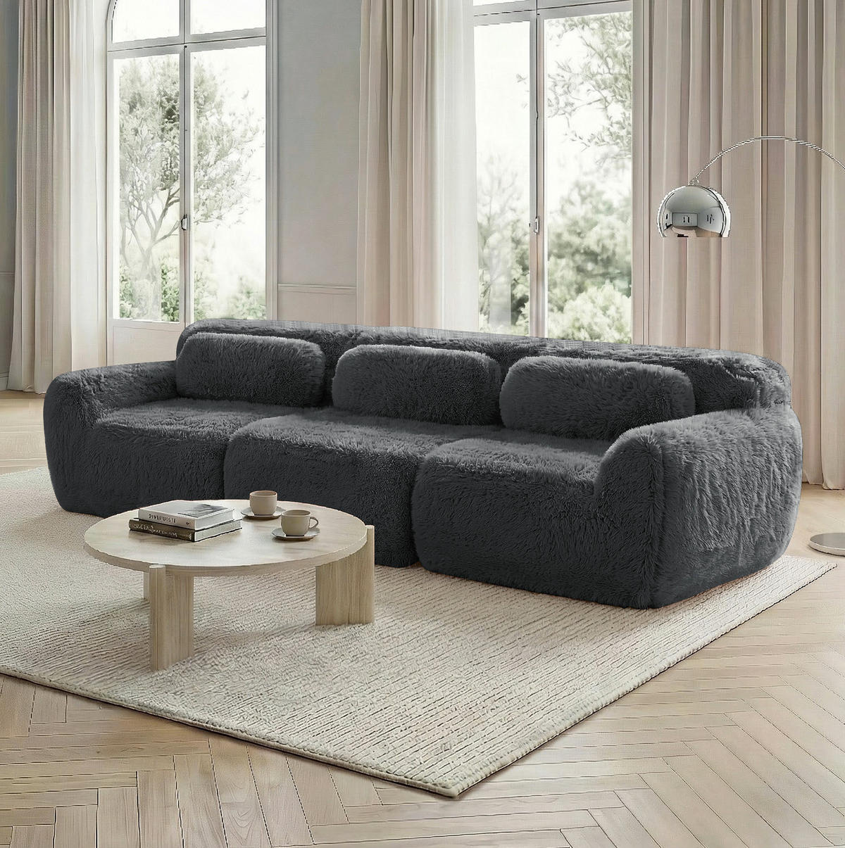 3-SITZER Sofa aus Plüsch mit modularem Design Grau - Grau, Textil (104/73/291cm) - Modenvie