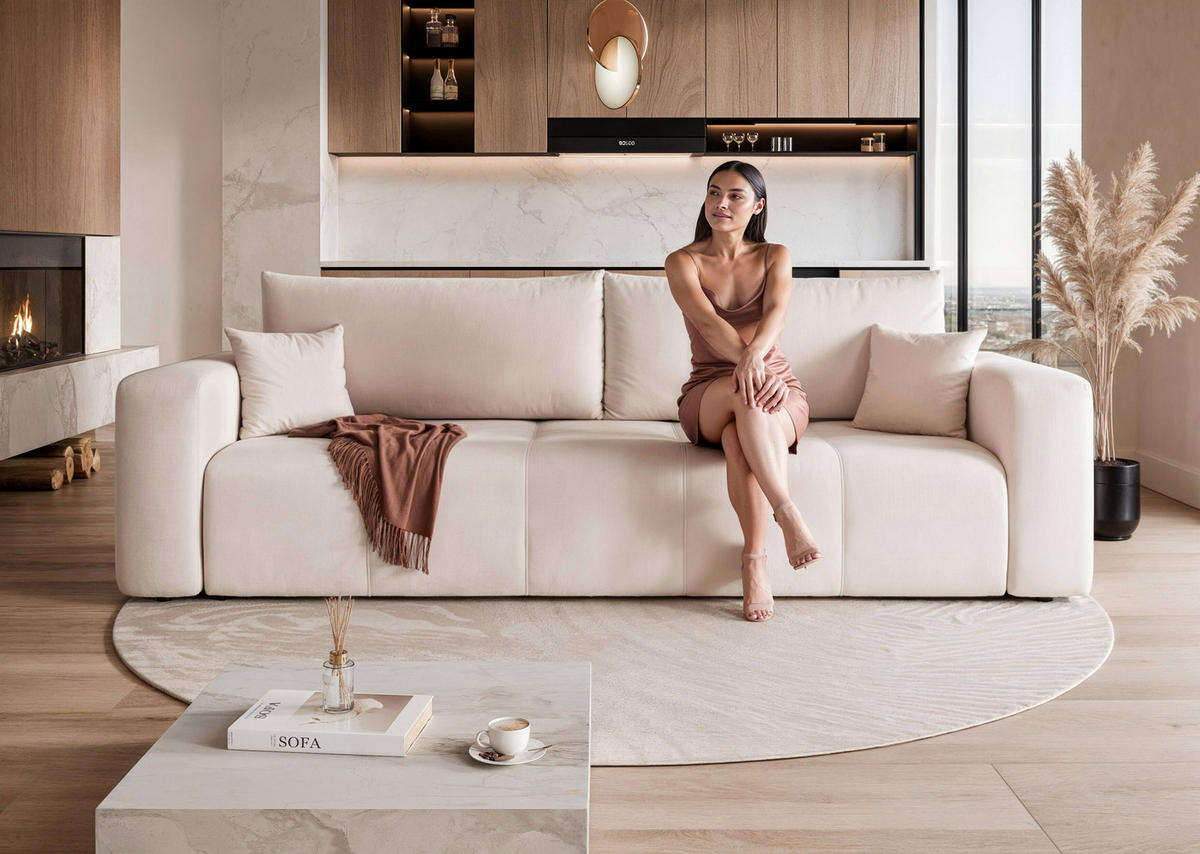 SCHLAFSOFA Velours mit Bettkasten und Schlaffunktion - Creme, Holzwerkstoff/Textil (246/79/93cm) - Idohome