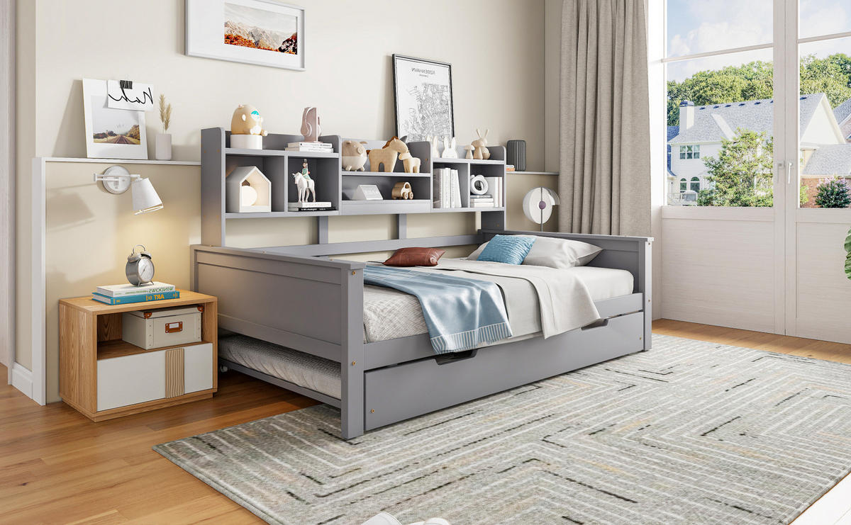 BETT 90/200 cm Grau aus Kiefernholz mit Bett und Stauraum - Grau, Holz (90/200cm) - OKMYHOME